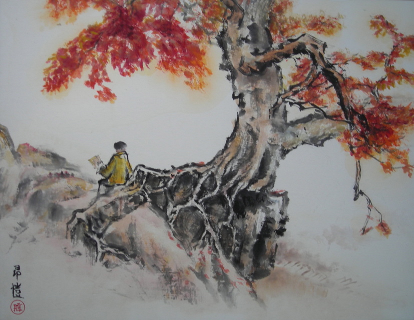 Rising Sun Village in Autumn Landscape Abstract art Chinese Ink Brush  Painting, 138*68cm Chine…